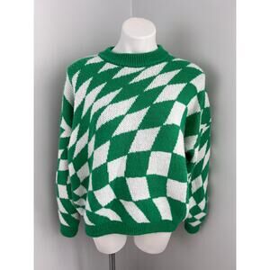 Lisa Says Gah Emma Green White Check Print Sweater XL/2X Retro